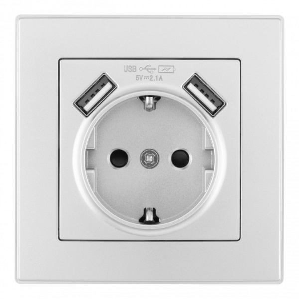 Розетка с заземлением и со шторкой и 2хUSB Arte Milano SET06-1 SET06-1-47-1 silver